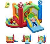 Trampolín inflable con soplador de 680 w para 2 niños de hasta 90 kg de 3 a 10 años, tobogán, pared de escalada, cesta de baloncesto, caramelo