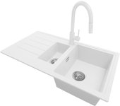 Primagran fregadero granito blanco 90x50cm, fregadero cocina 1,5 senos + sifón + accesorios, fregadero sobre encimera al mueble 60cm - copenhague duo