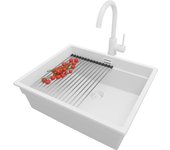 Primagran fregadero bajo encimera todo blanco 56x47cm, fregadero granito 1 seno + sifón + accesorios, fregadero cocina al mueble 60cm - prague