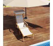 Tumbona de jardín con sombrilla ajustable, estructura de madera maciza, para playa, terraza o piscina.