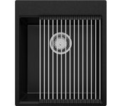 Primagran fregadero cocina negro 43x50cm, fregadero granito 1 seno + sifón + enrollable escurridor, fregadero sobre encimera al mueble 45cm - oslo