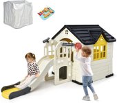 Casa de juegos infantil con tobogán, casa de jardín con 1 puerta y 2 ventanas, mesa de picnic, platos y juguetes, de 3 a 8 años (amarillo)