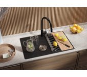 Primagran fregadero cocina negro metallic 78x50cm, fregadero granito 1 seno + sifón + accesorios, fregadero sobre encimera al mueble 45cm