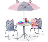 Relaxdays mobiliario infantil para jardín, sombrilla de playa, sillas plegables, mesa para niños, motivo ratón, gris