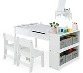 Juego de mesa y 2 silla de caballete de arte, elevable artesanal para niños con 6 cajas de almacenamiento 5 vasos de pintura y rollo de papel, blanco