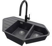 Primagran fregadero granito de esquina grafito 90x50cm, fregadero cocina 1,5 senos + sifón + accesorios, fregadero sobre encimera al mueble 80cm