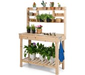 Mesa de jardín de madera, mesa de jardín con mesa plegable, mesa de jardín con estantes y ganchos, mesa de flores para jardín y balcón, 110x50x153 cm