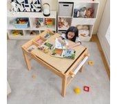 Mesa infantil de madera con tablero reversible compartimentos y portarrollos 86,5 x 60 x 57 cm natural