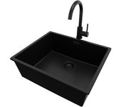 Primagran fregadero granito todo negro 56x47cm, fregadero cocina 1 seno + sifón + accesorios, fregadero sobre encimera al mueble 60cm - london slim