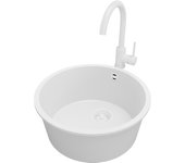 Primagran fregadero granito circular todo blanco 46x46cm, fregadero cocina 1 seno + sifón + accesorios, fregadero sobre encimera al mueble 50cm