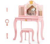 Tocador de niña con espejo led de 3 colores, tocador de maquillaje con taburete, espejo de 3 vías, accesorios, 2 en 1 tocador escritorio con