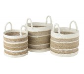 Conjunto de 3 cestas rayadas de rafia blanca y natural de 35 a 42 cm de diámetro