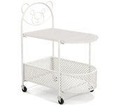 Mesa auxiliar 4 ruedas, carrito de metal, con 2 estantes para sala de estar, diseño en forma de oso, con superficie de vidrio, con freno, blanco