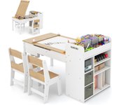 Mesa de arte 3 en 1 con 2 sillas, juego de muebles infantiles con tablero plegable (caballete), portarrollos de papel, patas de pino (natural)