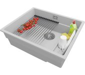 Primagran fregadero bajo encimera gris 56x47cm, fregadero cocina 1 seno + sifón + enrollable escurridor, fregadero granito al mueble 60cm - prague