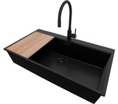 Primagran fregadero granito todo negro 88x50cm, fregadero cocina 1 seno + sifón + accesorios, fregadero sobre encimera al mueble 90cm - oslo
