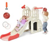 6 en 1 tobogán para niños con canasta de baloncesto, tobogán multifuncional para bebés con tobogán de 140cm, juego de lanzamiento de anillas, tobogán