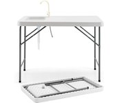 Mesa de limpieza con fregadero profundo y grifo giratorio de 360° con carda de hierro para barbacoa, pícnic, 115 x 59 x 94 cm, carga 150 kg, blanco