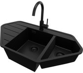 Primagran fregadero granito de esquina todo negro 90x50cm, fregadero cocina 1,5 senos + sifón + accesorios, fregadero sobre encimera al mueble 80cm