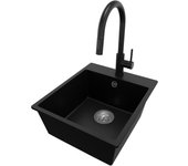 Primagran fregadero granito negro 43x50cm, fregadero cocina 1 seno + grifo 40x22cm + sifón, fregadero sobre encimera al mueble 45cm - riga