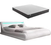 Cama canapé de matrimonio con colchón | cama doble con cabecero y canapé led | somier lamas | blanco | madera y polipiel | modelo parisina | 180x200