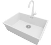 Primagran fregadero bajo encimera blanco 66x47cm, fregadero granito 1 seno + grifo 32x20cm + sifón, fregadero cocina al mueble 70cm - london