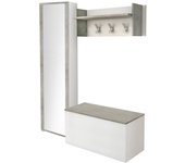 Mueble de entrada moderno de tanzanita con perchero, zapatero y espejo, 50 x 32 x 182 cm, blanco y cemento.