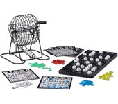 Relaxdays bingo con bombo de metal, juego mesa, 1 set, cartones, bolas, fichas, tableros, plástico-metal-cartón, negro
