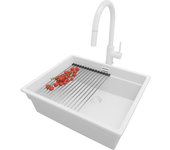 Primagran fregadero bajo encimera todo blanco 56x47cm, fregadero granito 1 seno + sifón + accesorios, fregadero cocina al mueble 60cm - prague