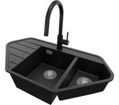 Primagran fregadero granito de esquina negro metallic 90x50cm, fregadero cocina 1,5 senos + accesorios, fregadero sobre encimera al mueble 80cm