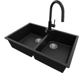 Primagran fregadero granito negro metallic 78x50cm, fregadero cocina 2 senos + sifón + accesorios, fregadero sobre encimera al mueble 80cm