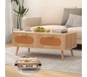 Mesa de centro con amplia superficie, 2 cajones con puertas de ratán y 1 espacio de almacenaje adicional detrás de la mesa, mesa de café rústica con