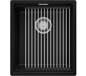 Primagran fregadero cocina negro 41x47cm, fregadero granito 1 seno + sifón + accesorios, fregadero sobre encimera al mueble 45cm - prague slim