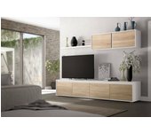 Pared equipada savannah, mueble de tv para salón, composición del juego de sala, juego de salón con mueble alto, 200x41h43 cm, blanco y roble