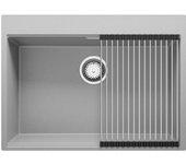 Primagran fregadero cocina gris 68x50cm, fregadero granito 1 seno + sifón + enrollable escurridor, fregadero sobre encimera al mueble 70cm - oslo