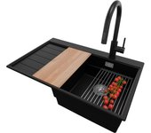 Primagran fregadero granito negro 78x50cm, fregadero cocina 1 seno + sifón + accesorios, fregadero sobre encimera al mueble 45cm - sydney