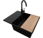 Primagran fregadero granito todo negro 62x50cm, fregadero cocina 1 seno + sifón + accesorios, fregadero sobre encimera al mueble 50cm - copenhague