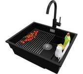 Primagran fregadero bajo encimera negro 56x47cm, fregadero granito 1 seno + sifón + accesorios, fregadero cocina al mueble 60cm - prague