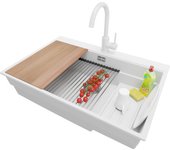 Primagran fregadero granito blanco 78x53cm, fregadero cocina 1 seno + sifón + accesorios, fregadero sobre encimera al mueble 80cm - oslo max
