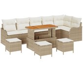 Conjunto de sofás de jardín de 10 piezas con cojines beige poliratán acacia, sofá de jardín de 2 plazas con cojines beige poliratán, conjunto de comed