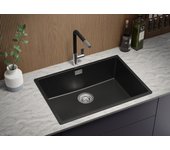 Primagran fregadero cocina negro metallic 66x47cm, fregadero granito 1 seno + sifón, fregadero sobre encimera al mueble 70cm - london slim