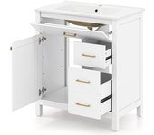 Mueble de almacenaje bajo lavabo con 2 puertas, armario de baño con lavabo de cerámica y compartimientos cerrados, puerta abatible, manijas doradas