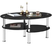 Mesa de centro de cristal templado con 3 niveles, mesa baja de salón ovalada, mesa de café de vidrio para salón, oficina, hotel, 90x50x45cm (negro)