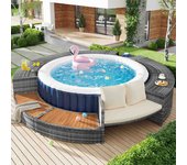 Juego de muebles de jardín con sofá redondo, muebles de terraza para spa y piscina, pies ajustables, con cojines, diseño elegante en ratán pe
