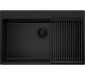 Primagran fregadero cocina todo negro 78x50cm, fregadero granito 1 seno + sifón + accesorios, fregadero sobre encimera al mueble 80cm - oslo