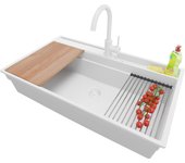 Primagran fregadero granito todo blanco 88x53cm, fregadero cocina 1 seno + sifón + accesorios, fregadero sobre encimera al mueble 90cm - oslo pocket