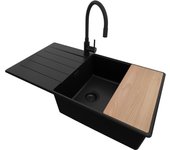 Primagran fregadero granito todo negro 90x50cm, fregadero cocina 1 seno + sifón + accesorios, fregadero sobre encimera al mueble 60cm - copenhague