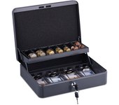 Relaxdays caja de dinero, con cerradura, hierro, bandeja para monedas y 4 espacios para billetes, 8,5x30,5x24,5 cm, gris