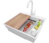 Primagran fregadero granito todo blanco 58x53cm, fregadero cocina 1 seno + sifón + accesorios, fregadero sobre encimera al mueble 60cm - oslo max