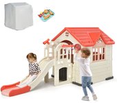 Casa de juegos infantil con tobogán, casita de jardín con 1 puerta y 2 ventanas, mesa de picnic, platos y juguetes, 3-8 años (rosa)